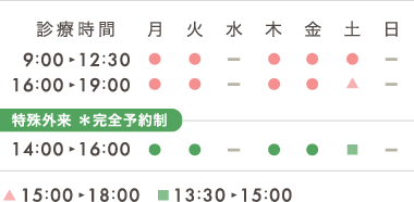 診療時間：午前9時〜12時30分、午後16時〜19時、特殊外来（完全予約制）：14時〜16時